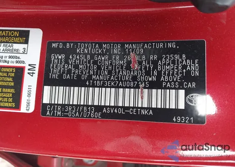 2010 Toyota Camry Le z USA, uszkodzony, nr VIN 4T1BF3EK7AU087145